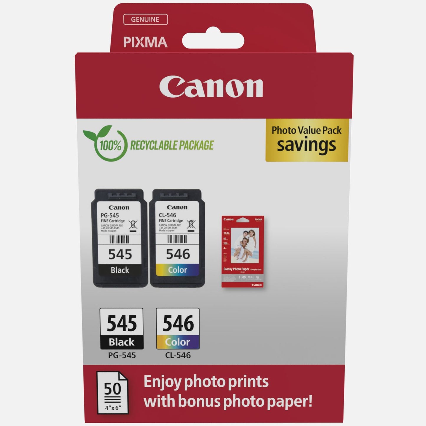 Genuine Canon PG-545 CL-546 Twin Pack Black Colour Ink Cartridges + Photo Paper