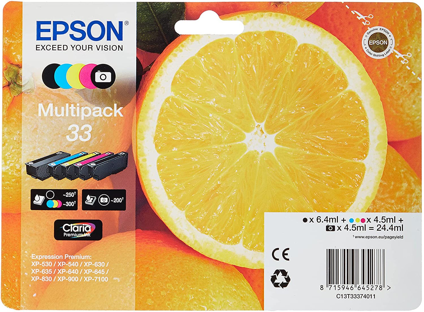 Genuine Epson 33 Multipack Photo Black/Black/Cyan/Magenta/Yellow Ink Cartridge Oranges