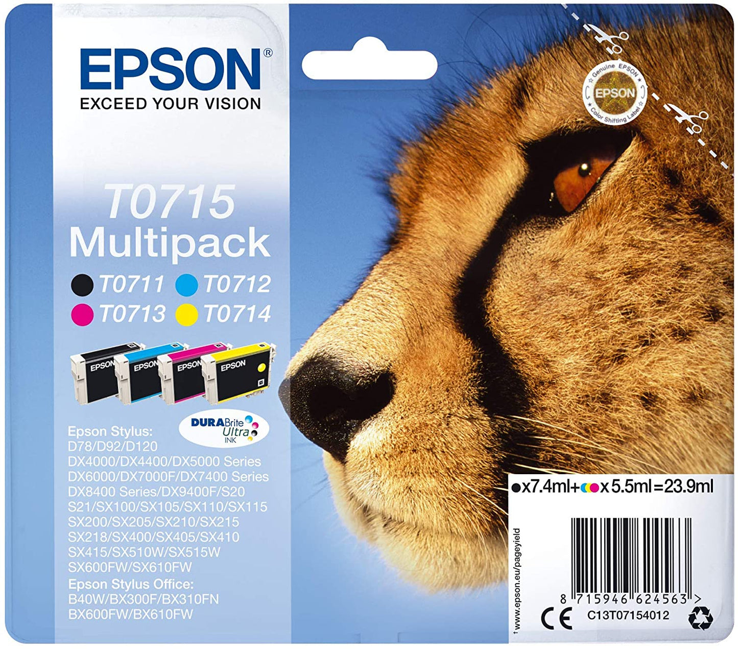 Genuine Epson T0715 Black/Cyan/Magenta/Yellow Ink Cartridge - T0711/T0712/T0713/T0714 - C13T07154010